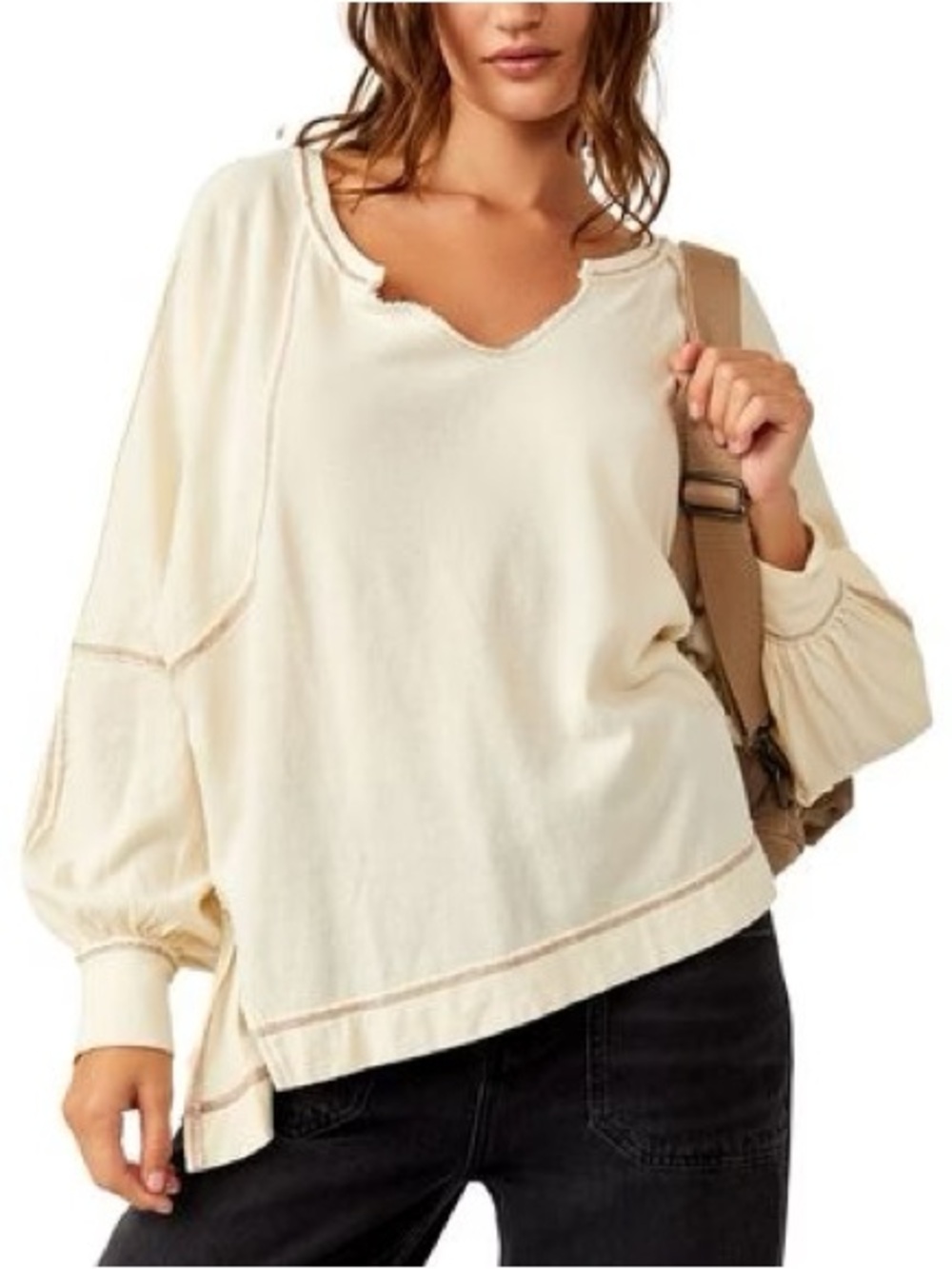 NWT Free People Cream Distressed V-Neck Balloon Sleeve Wish I Knew TShirt